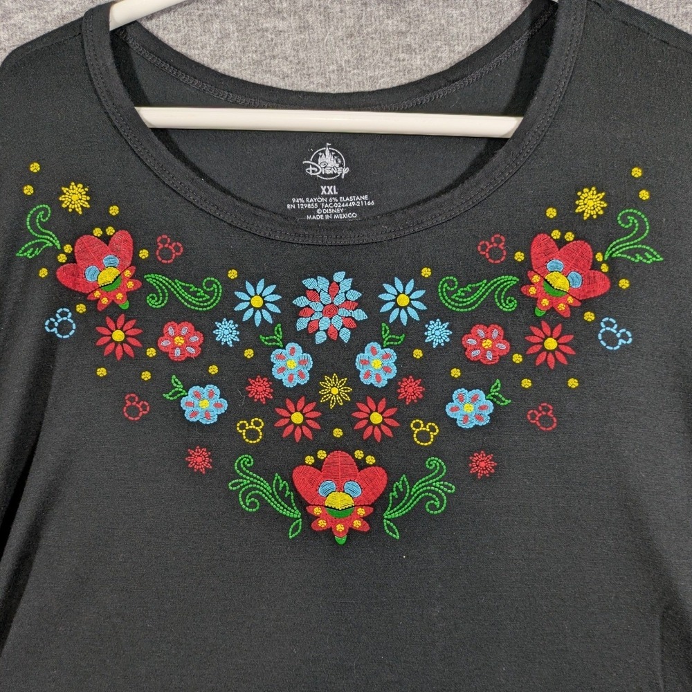 Disney Parks Floral Mickey‎ Embroidered Ruffle Bell Sleeve Top Black XXL - Picture 2 of 7